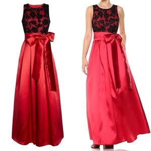 ELIZAJ FLORAL GLITTER VELVET BURNOUT SASH BOW MIKADO BALL-GOWN DRESS